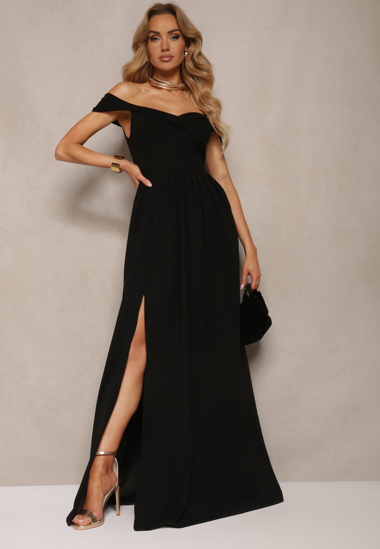 Czarna Elegancka Długa Sukienka Hiszpanka Wykończona Rozcięciem na Dole Idelia