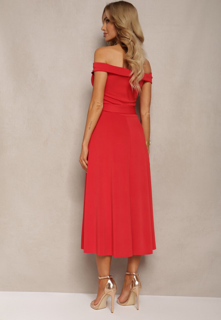 Czerwona Sukienka Wieczorowa Hiszpanka z Materiałowym Paskiem Yellia
