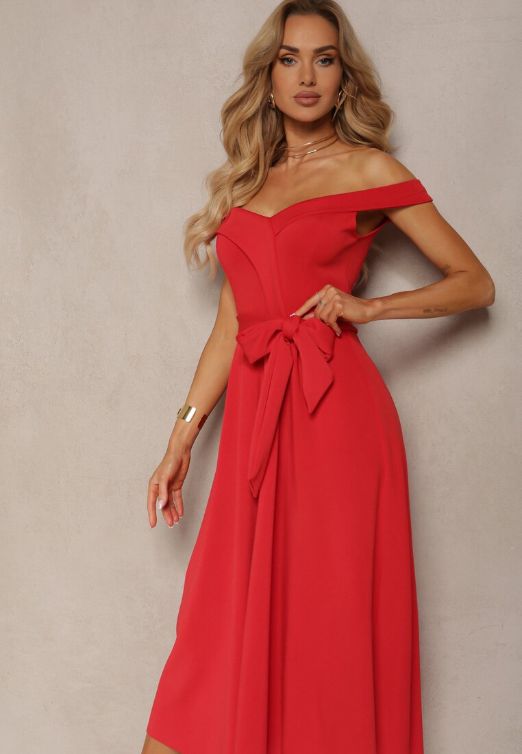 Czerwona Sukienka Wieczorowa Hiszpanka z Materiałowym Paskiem Yellia