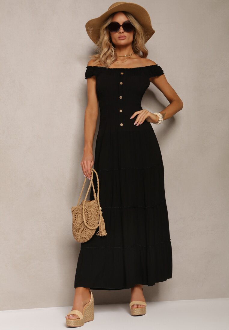 Czarna Letnia Sukienka z Hiszpańskim Dekoltem z Bawełnianej Tkaniny Gereleena