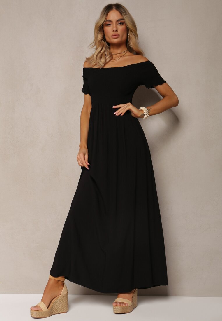 Czarna Sukienka Bawełniana z Rozkloszowanym Dołem i Hiszpańskim Dekoltem Barino