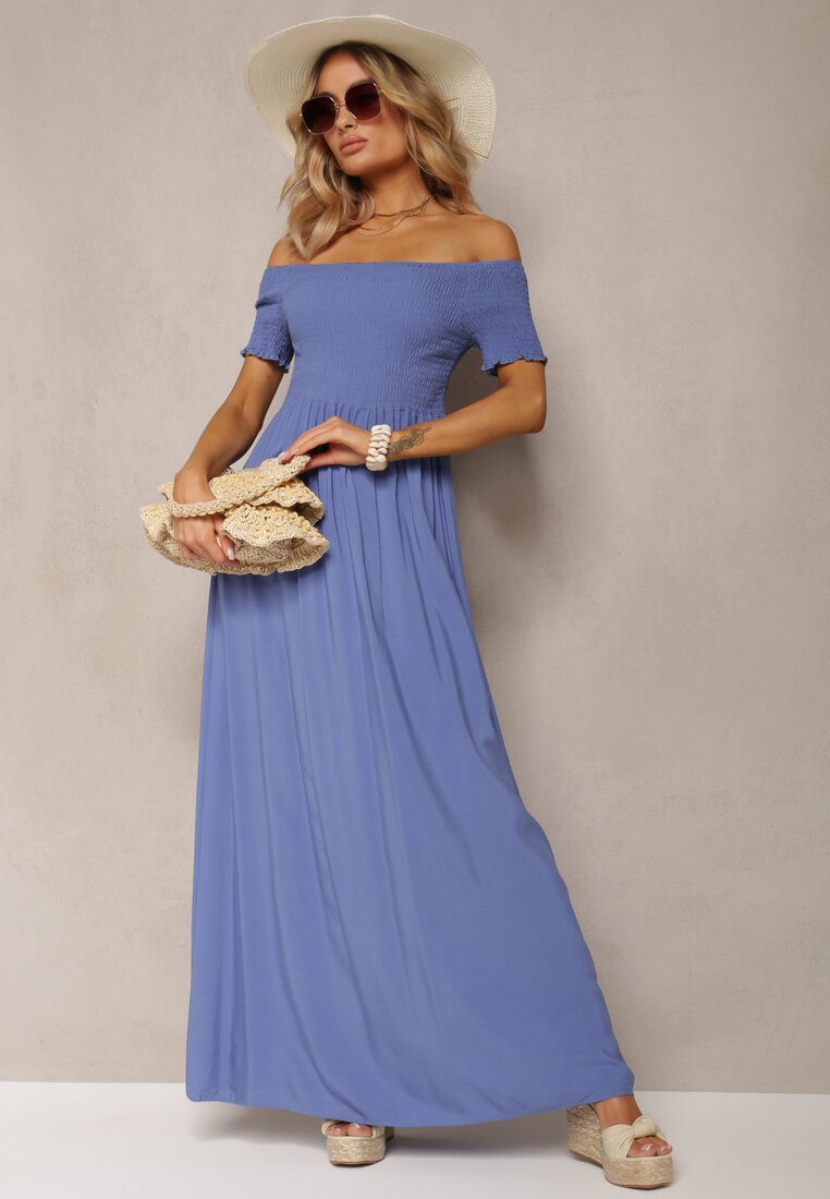 Niebieska Sukienka Bawełniana z Rozkloszowanym Dołem i Hiszpańskim Dekoltem Barino