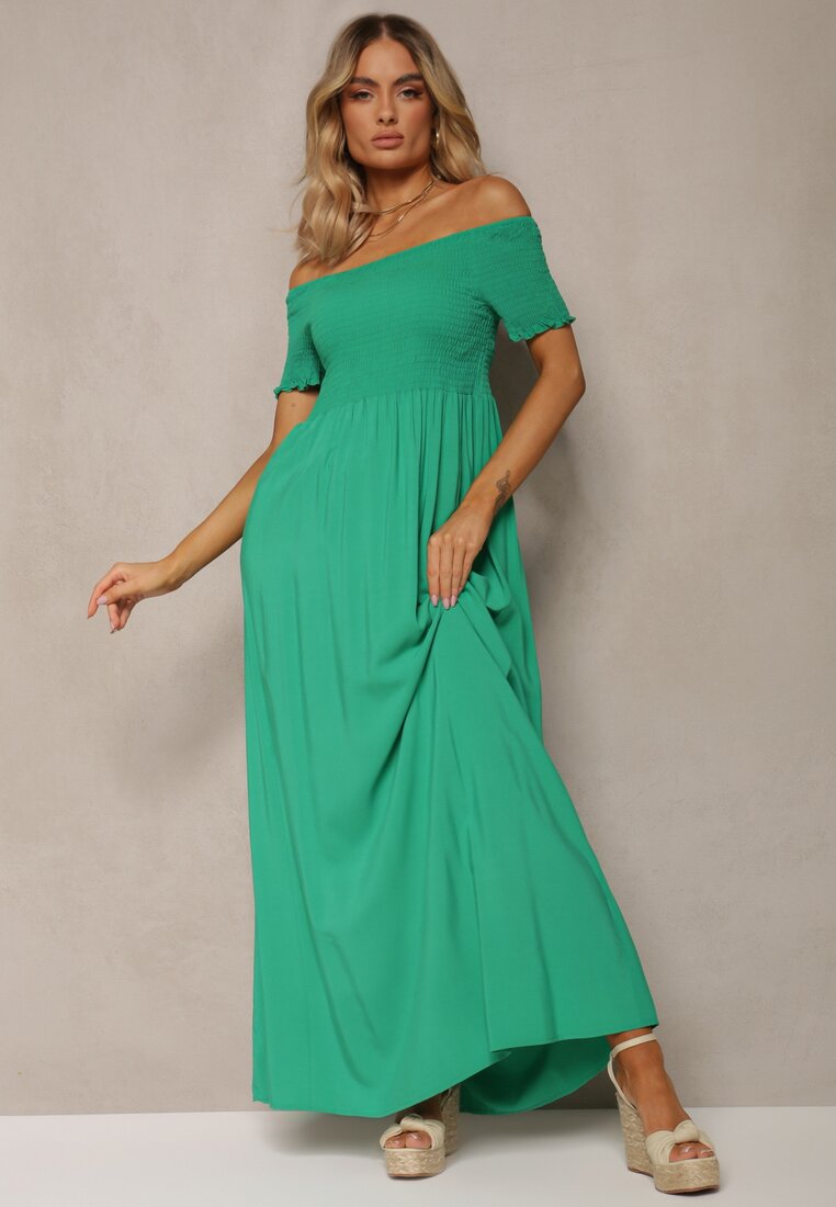 Zielona Sukienka Bawełniana z Rozkloszowanym Dołem i Hiszpańskim Dekoltem Barino