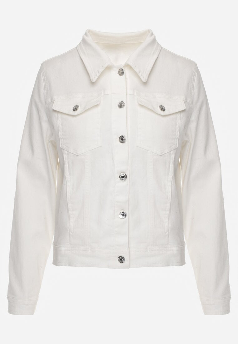 Biała Jeansowa Kurtka z Bawełny z Guzikami i Kieszeniami Ainztia