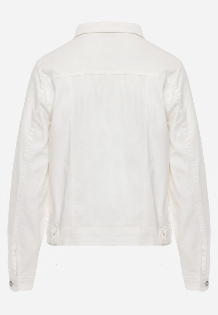 Biała Jeansowa Kurtka z Bawełny z Guzikami i Kieszeniami Ainztia