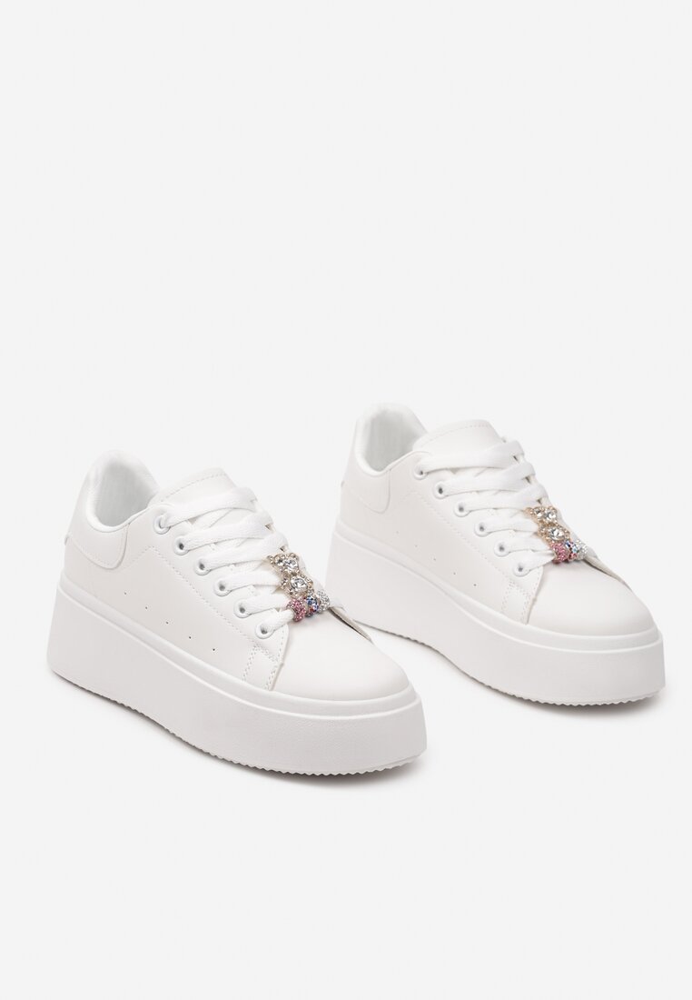Białe Sneakersy z Cyrkoniami na Sznurówkach z Platformą Nomiji