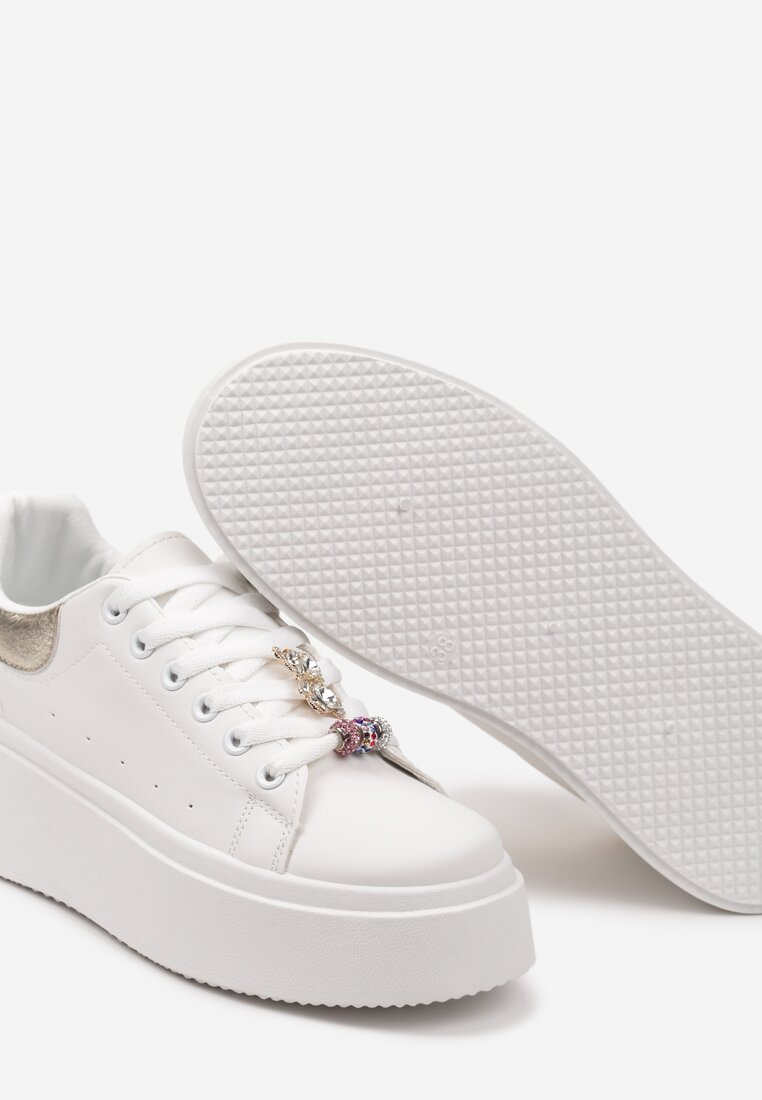 Biało-Złote Sneakersy z Cyrkoniami na Sznurówkach z Platformą Nomiji
