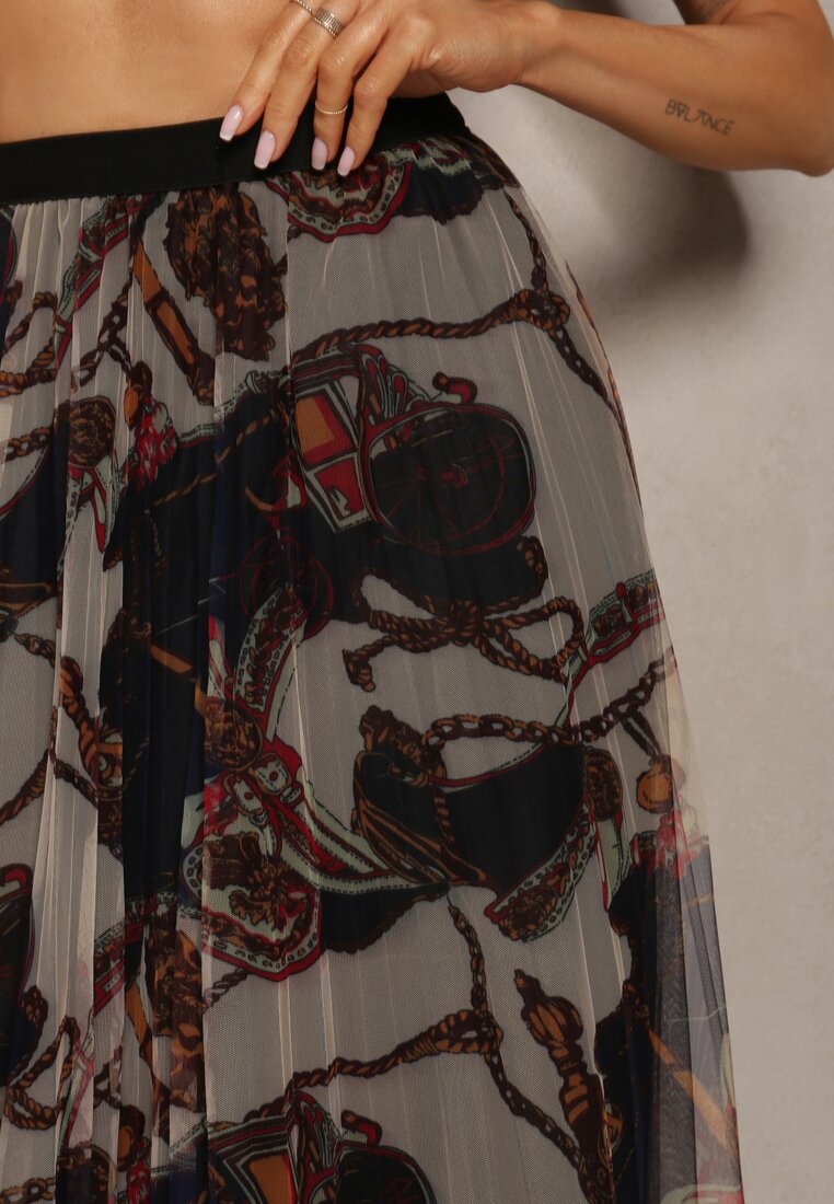 Brązowo-Czarna Plisowana Spódnica High Waist Rozkloszowana w Abstrakcyjny Wzór Yrosa