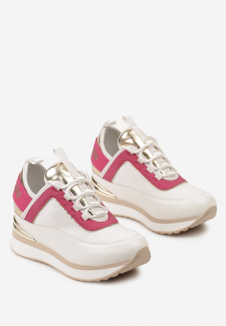 Biało-Różowe Sneakersy z Metaliczną Wstawką i Ozdobnym Napisem na Ukrytym Koturnie Alivewna