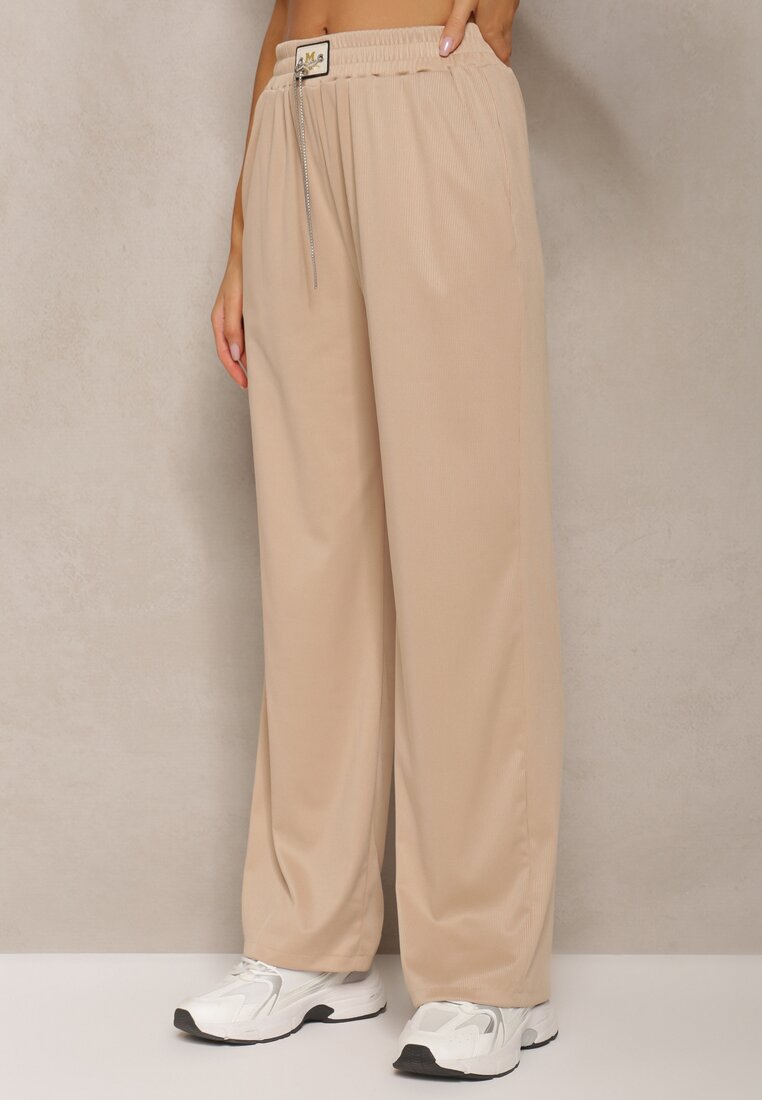 Pantaloni bej High Waist cu Croi Larg și Lanț la Talie Ustar