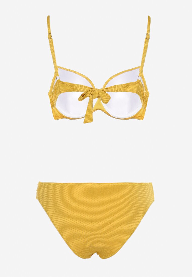 Żółte Dwuczęściowe Bikini Biustonosz z Plecionym Przodem na Regulowanych Ramiączkach Majtki Figi Ozdobiony Metaliczną Nicią Karetes
