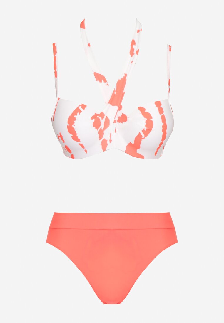Pomarańczowo-Białe Bikini z Ozdobnym Biustonoszem i Plażową Narzutką w Komplecie Mayamarie