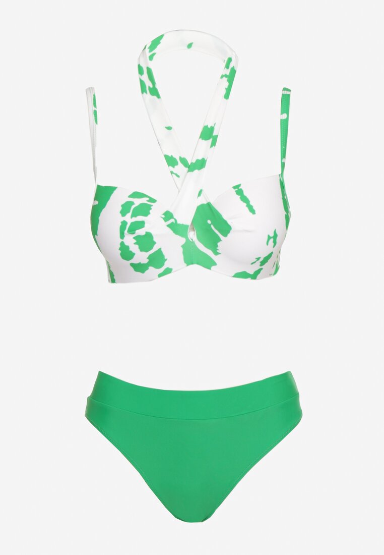 Zielono-Białe Bikini z Ozdobnym Biustonoszem i Plażową Narzutką w Komplecie Mayamarie