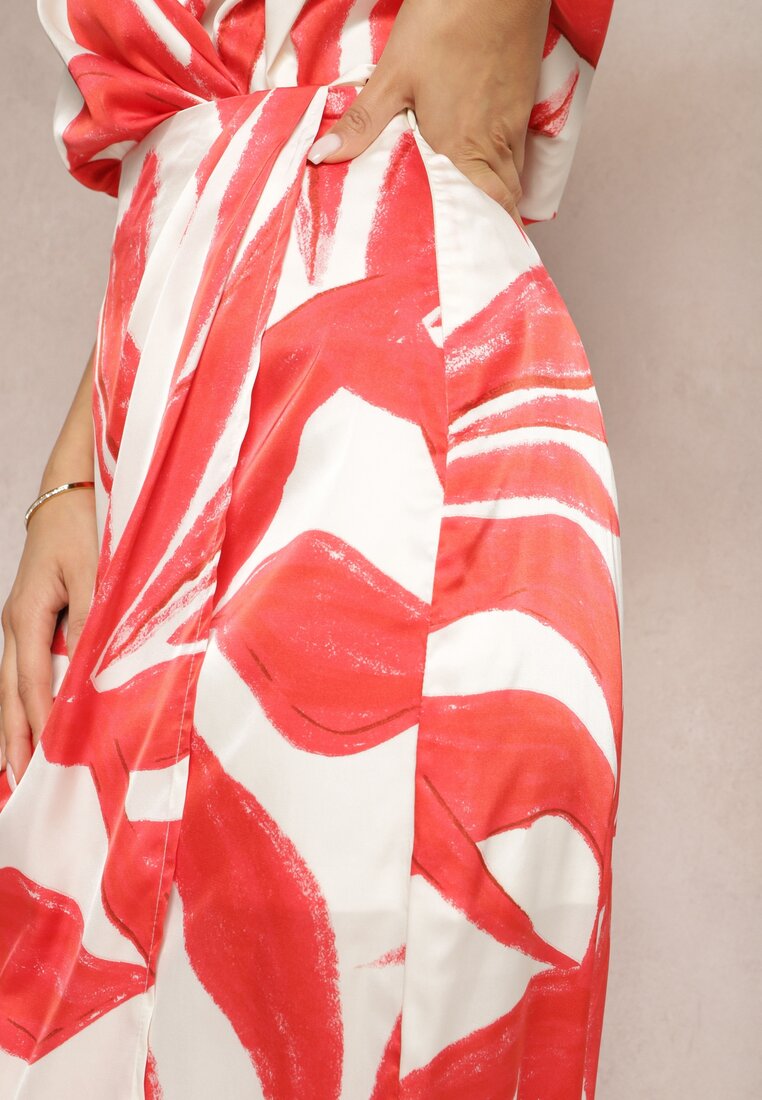 Biało-Czerwona Kopertowa Spódnica Midi z Abstrakcyjnym Printem Malinae