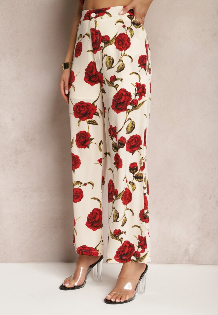 Beżowo-Bordowe Szerokie Spodnie w Kwiatowy Print z Kieszonkami Pomgranata