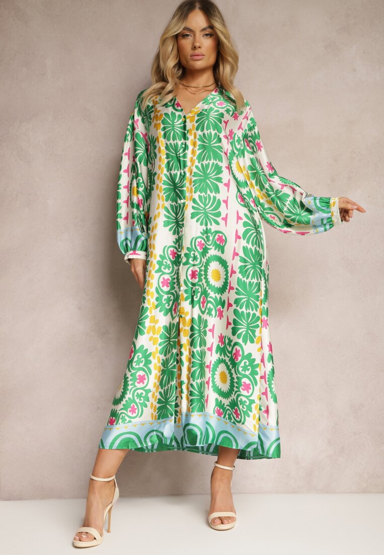 Zielona Pudełkowa Sukienka z Satynowej Tkaniny w Ornamentalny Wzór Allilena