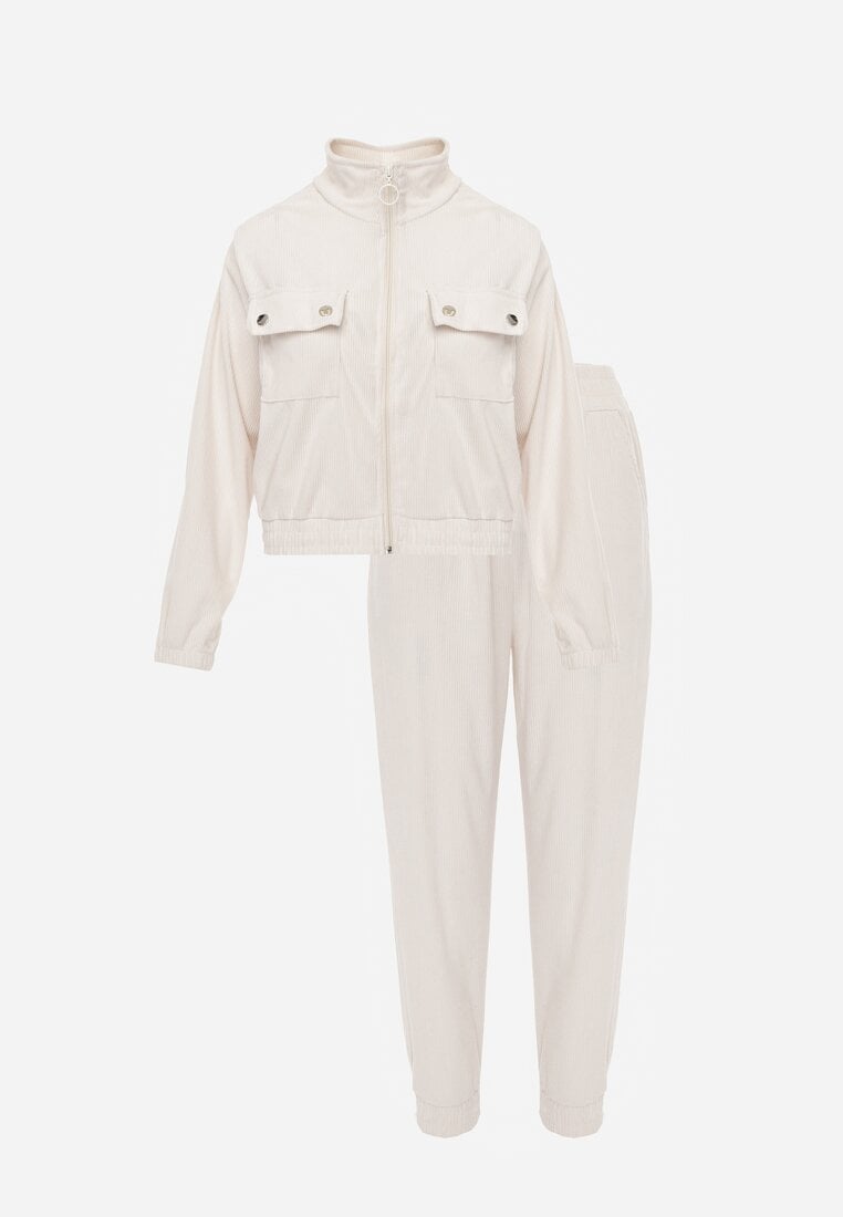 Set trening de culoare bej deschis, cu dungi, bluză cu fermoar și guler, pantaloni Lisulla