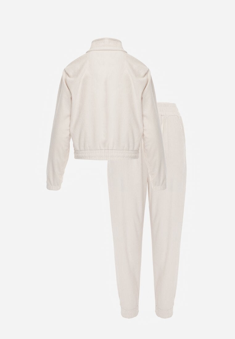 Set trening de culoare bej deschis, cu dungi, bluză cu fermoar și guler, pantaloni Lisulla
