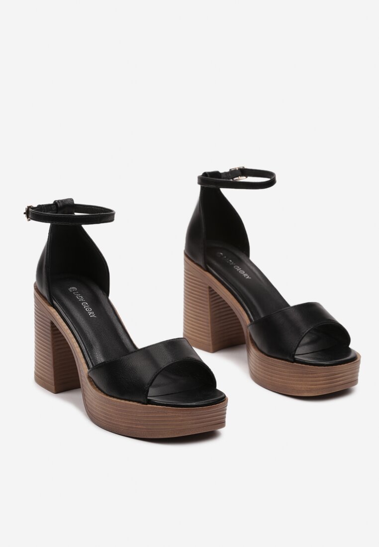 Czarne Sandały z Imitacji Skóry na Słupku i Platformie z Regulowanym Paskiem Telliamay