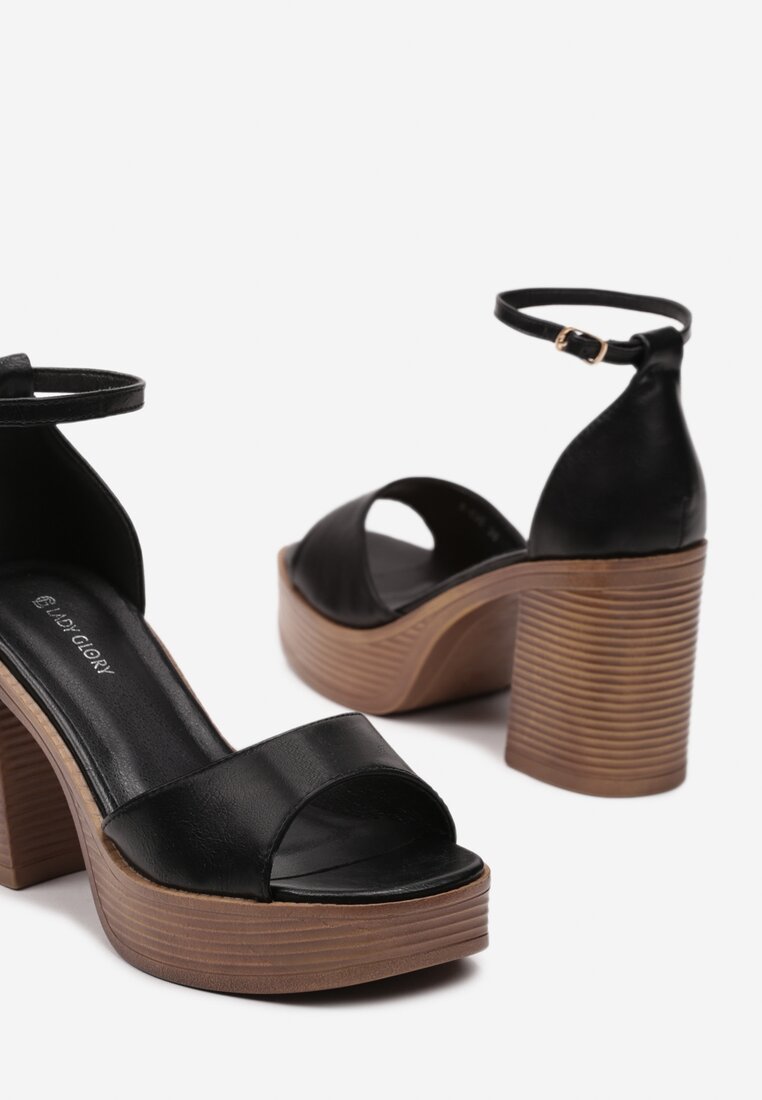 Czarne Sandały z Imitacji Skóry na Słupku i Platformie z Regulowanym Paskiem Telliamay