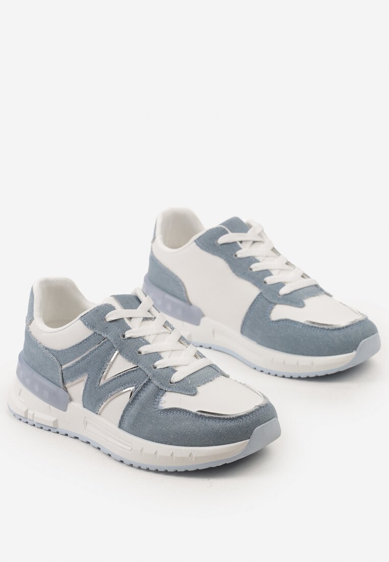 Niebiesko-Białe Płaskie Sneakersy ze Sznurowaniem z Metalicznymi Wstawkami Remarie
