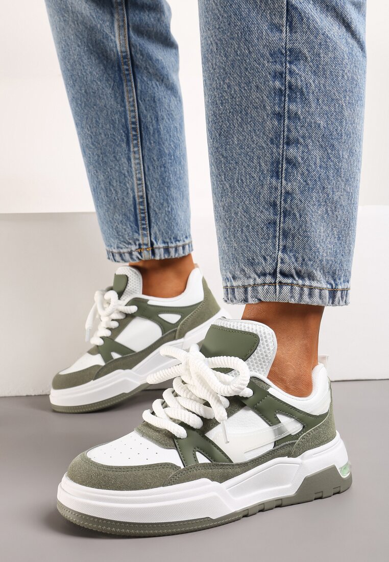 Zielono-Białe Płaskie Casualowe Sneakersy ze Sznurowaniem i Transparentnym Elementem z Tyłu Gamarie