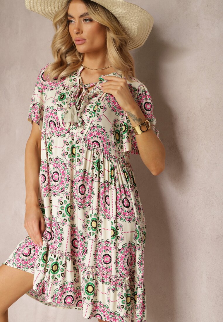 Różowo-Beżowa Sukienka z Wiskozowej Tkaniny w Mozaikowy Wzór Boho Naviera