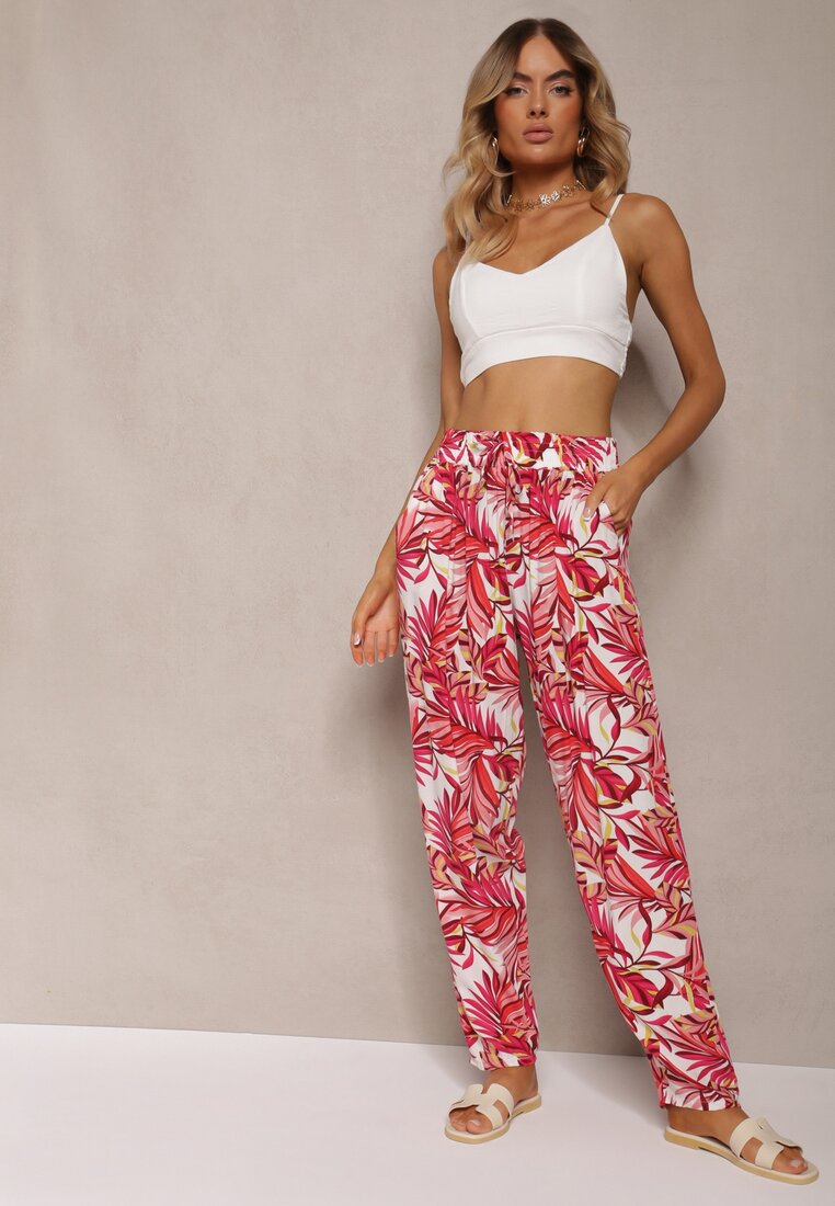 Pantaloni Viscosa Roz cu Talie Înaltă și Model Floral Ctella