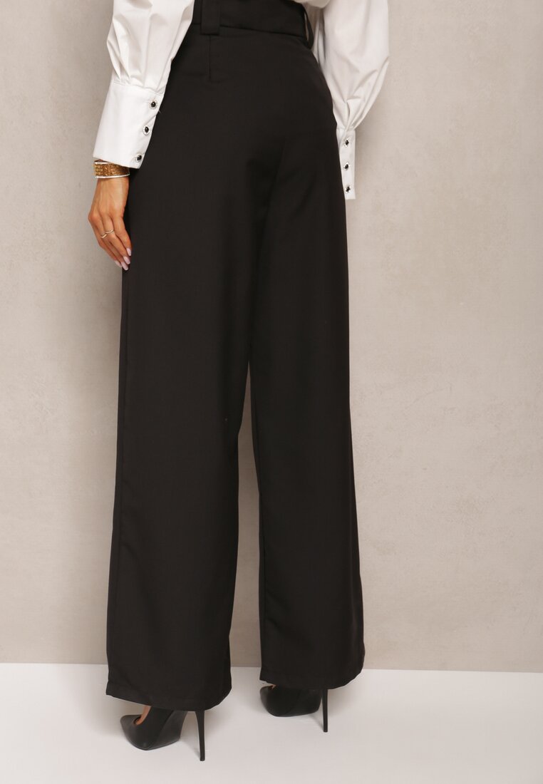 Czarne Eleganckie Spodnie High Waist z Prostymi Nogawkami i Ozdobnymi Przeszyciami Uines