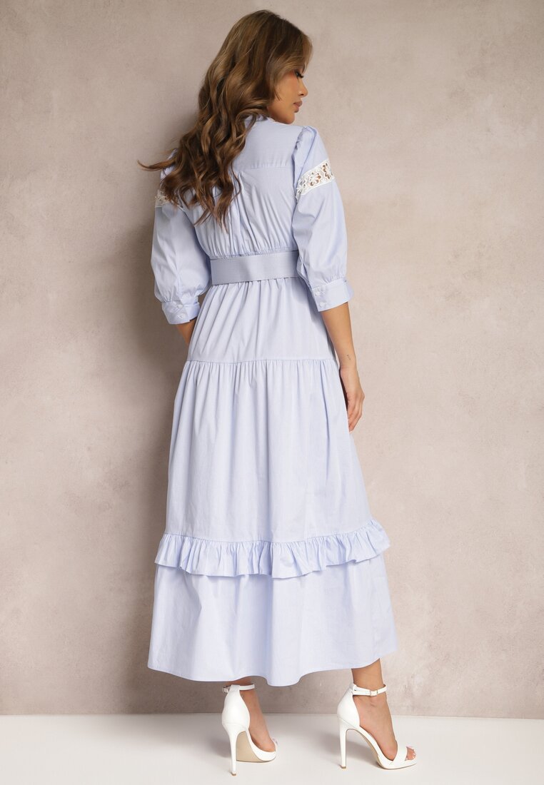 Jasnoniebieska Sukienka z Dekoltem na Zakładkę Paskiem w Talii o Rozkloszowanym Kroju Pialisa
