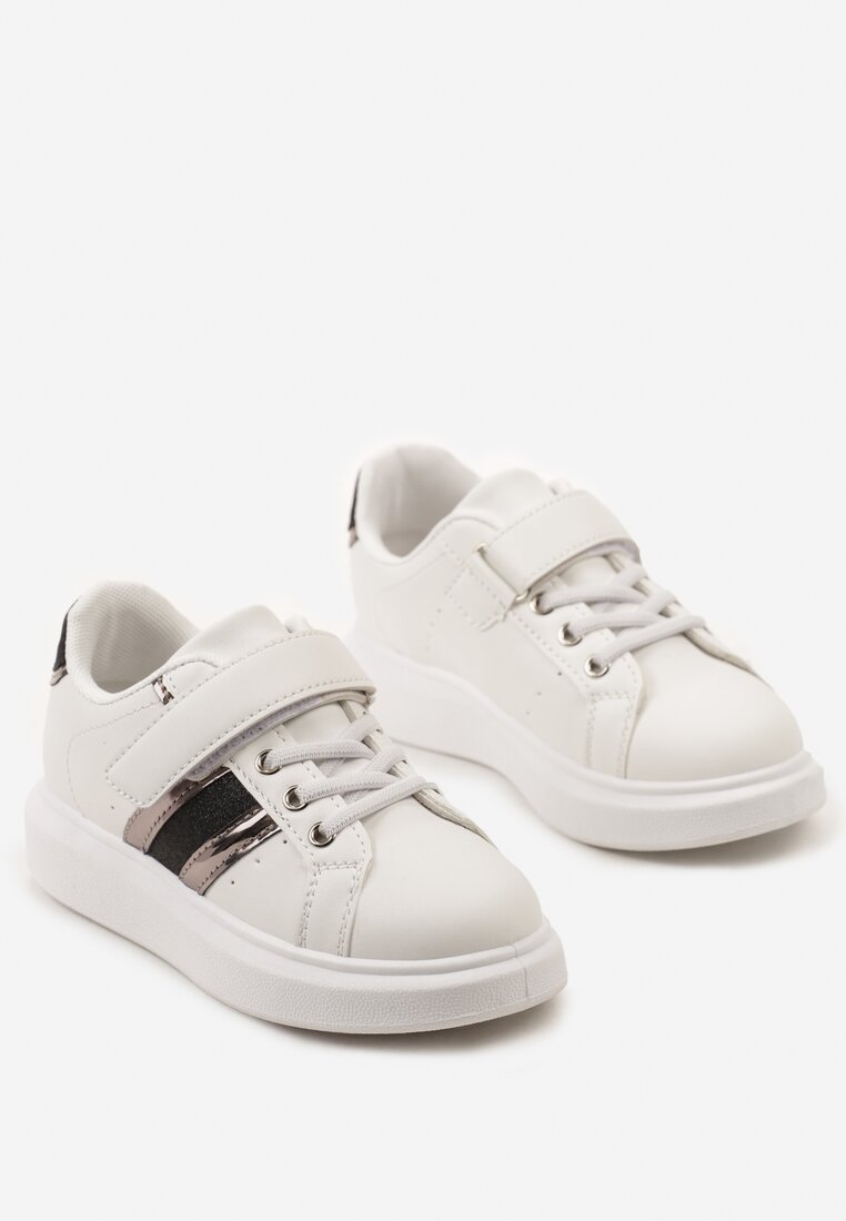Biało-Czarne Buty Sportowe Sneakersy z Metalicznymi Wstawkami i Brokatem z Zapięciem na Rzep Tetita