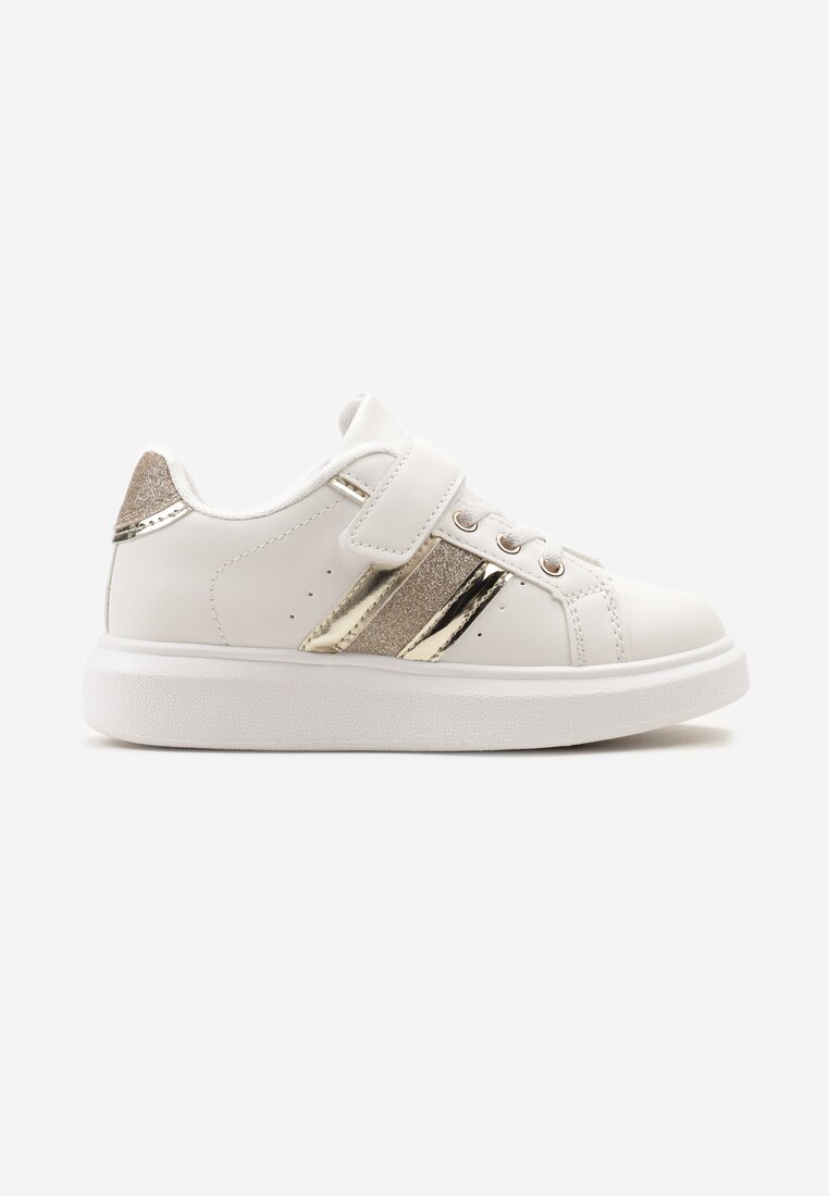 Biało-Złote Buty Sportowe Sneakersy z Metalicznymi Wstawkami i Brokatem z Zapięciem na Rzep Tetita