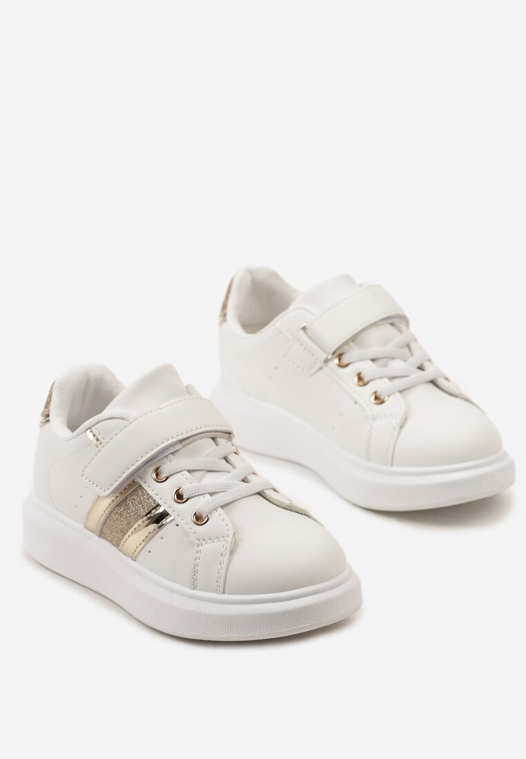 Biało-Złote Buty Sportowe Sneakersy z Metalicznymi Wstawkami i Brokatem z Zapięciem na Rzep Tetita