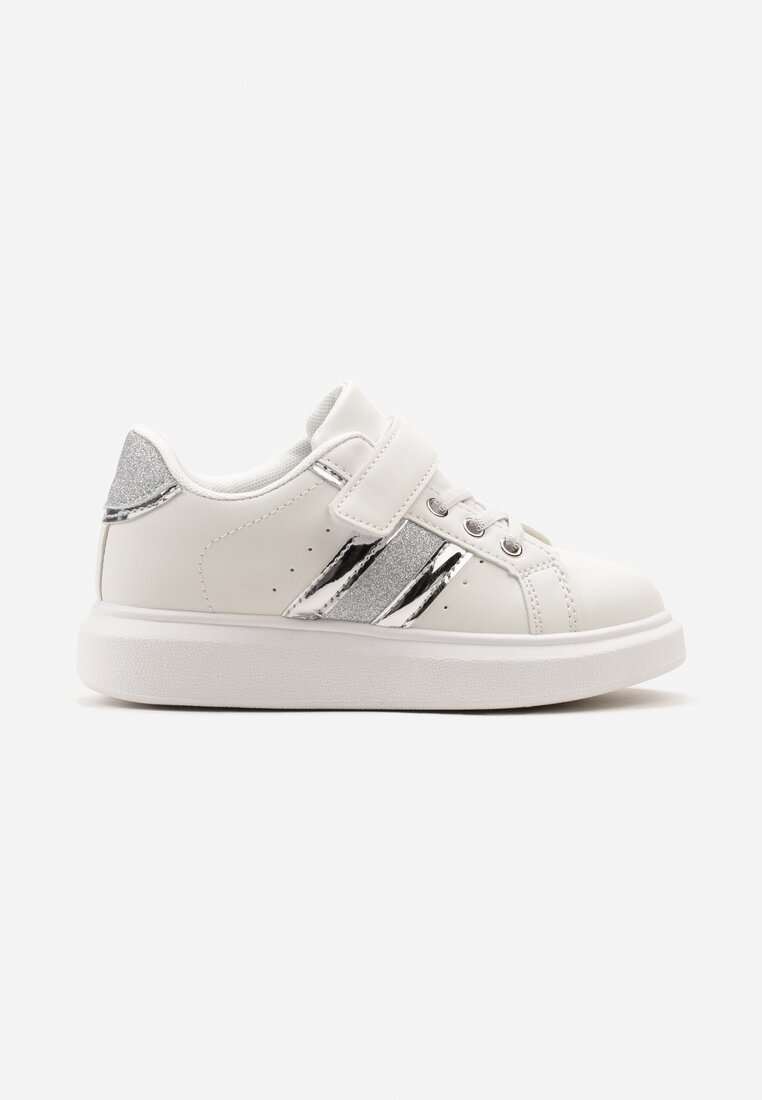 Biało-Srebrne Buty Sportowe Sneakersy z Metalicznymi Wstawkami i Brokatem z Zapięciem na Rzep Tetita