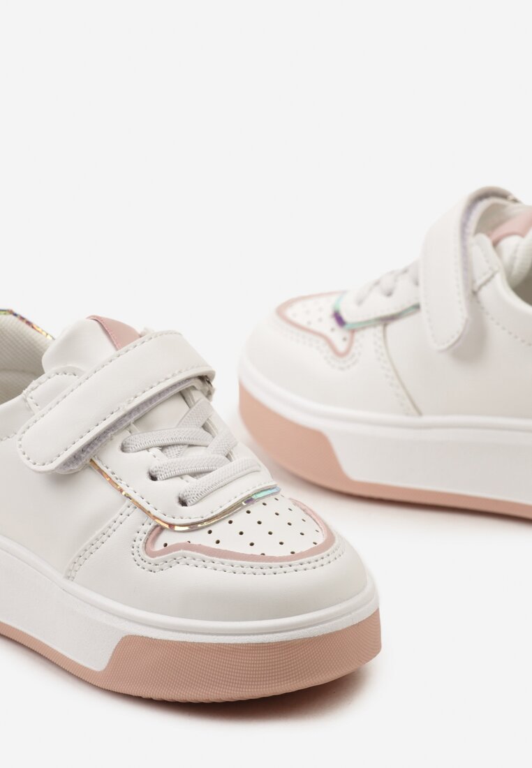 Biało-Różowe Buty Sportowe Sneakersy na Platformie z Metalicznymi Wstawkami Zapinane na Rzep Calbenia