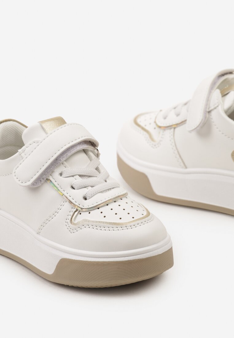 Biało-Złote Buty Sportowe Sneakersy na Platformie z Metalicznymi Wstawkami Zapinane na Rzep Calbenia