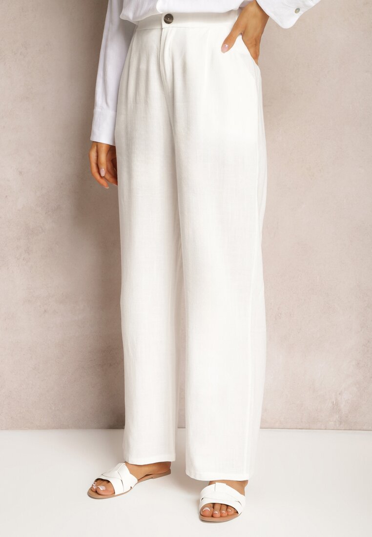 Białe Spodnie z Szerokimi Prostymi Nogawkami High Waist z Lnem Amivesa