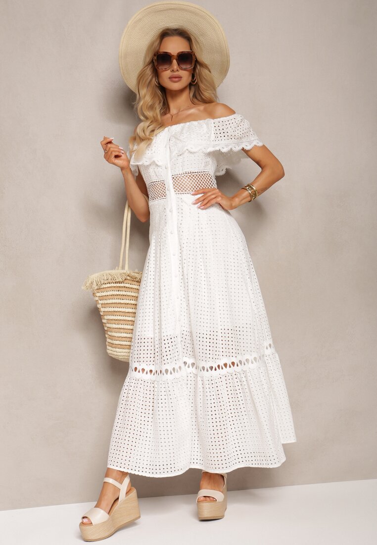 Biała Bawełniana Sukienka Hiszpanka z Falbanką Przy Dekolcie i Ażurowym Zdobieniem Anovela