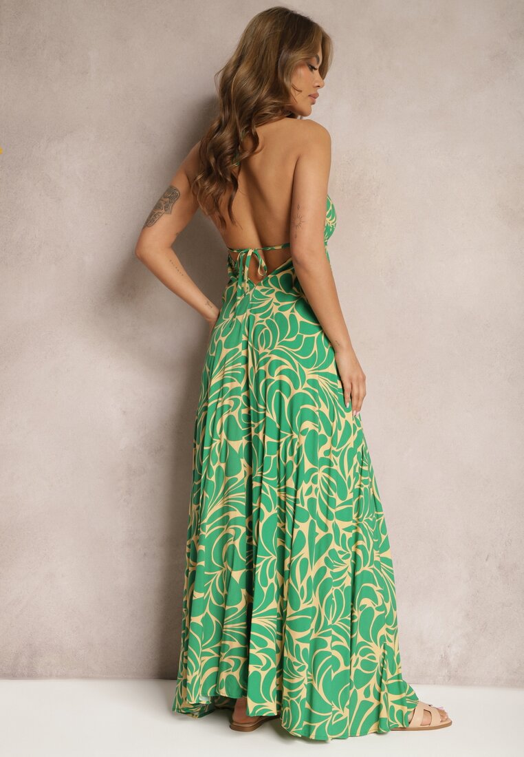 Zielona Rozkloszowana Sukienka Wiązana na Plecach z Wiskozy Wiasara