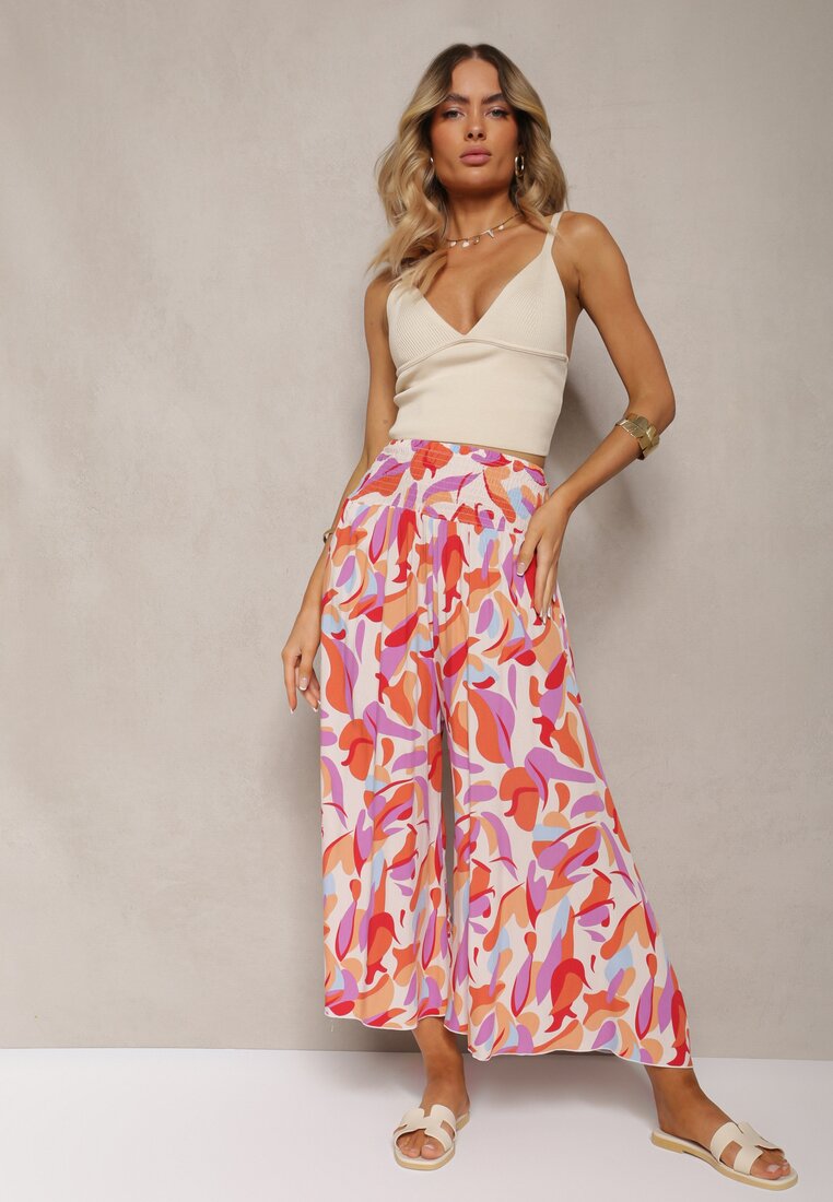 Pantaloni Culottes Bej și Roz din Viscose cu Talie Înaltă și Elastic în Talie Alaqinta
