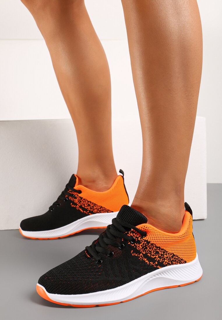 Czarno-Pomarańczowe Buty Sportowe na Niskiej Platformie Sznurowane Piemara