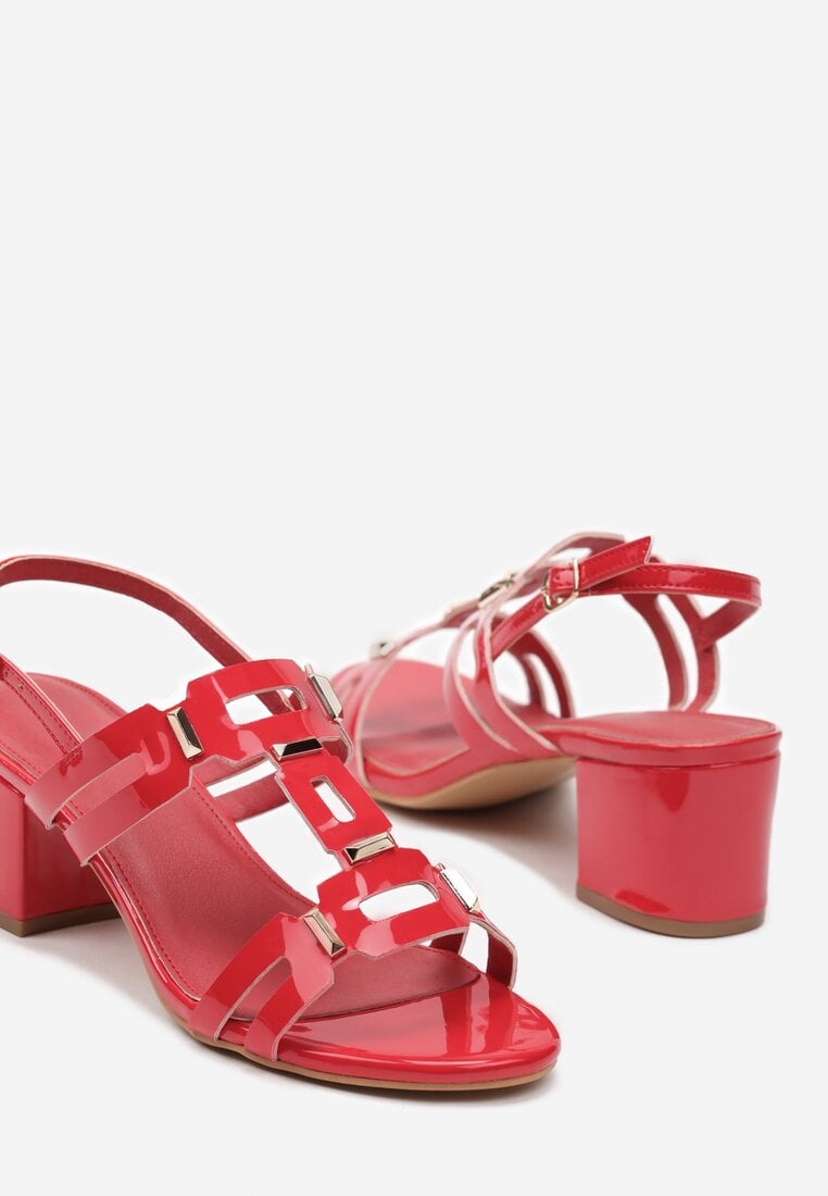 Czerwone Sandały z Imitacji Skóry na Słupku Zapinane przy Kostce z Aplikacjami Tesana