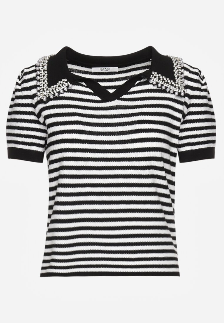 Bluza viscoză alb-negru cu dungi și decorațiuni pe guler Veniala
Renee.com.ro