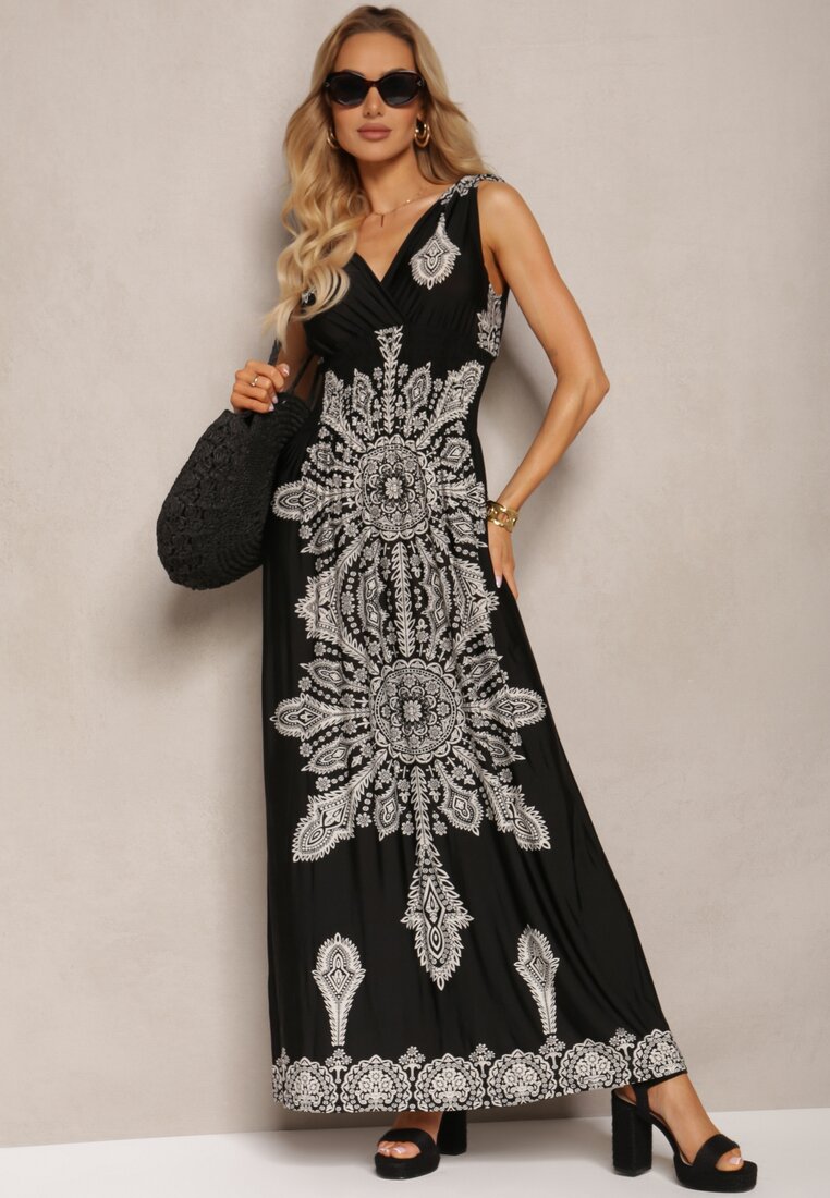 Czarna Sukienka z Ornamentalnym Wzorem Sznurkami Przy Ramionach i Gumką w Talii Alerada
