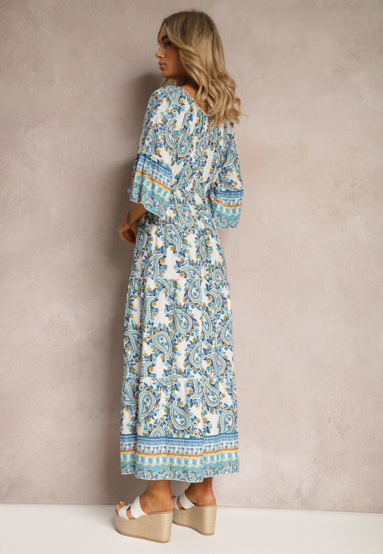 Niebieska Sukienka Hiszpanka na Lato z Bawełny z Wzorem Paisley i Gumką w Talii Larietta