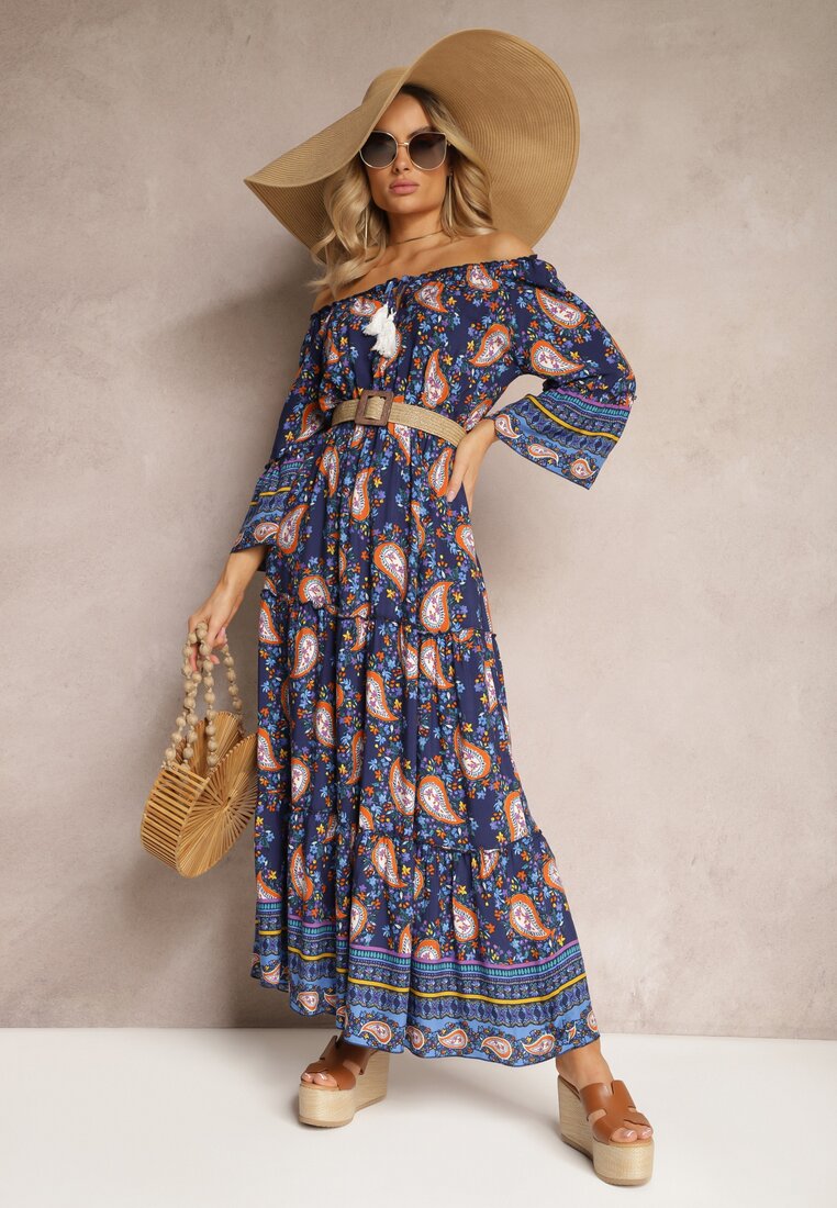 Granatowa Sukienka Hiszpanka na Lato z Bawełny z Wzorem Paisley i Gumką w Talii Larietta