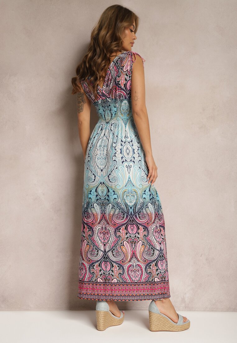 Niebiesko-Różowa Sukienka z Mozaikowym Wzorem Boho Gumką w Pasie i Sznurkami na Ramionach Ainervea
