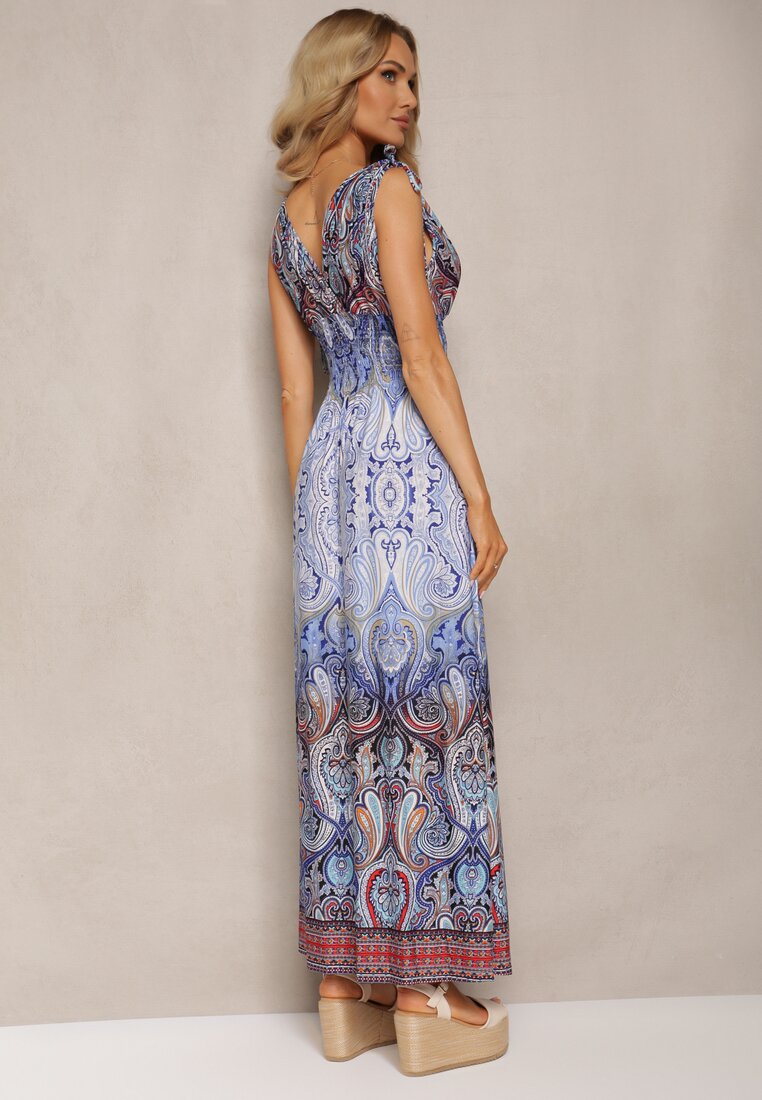 Niebieska Sukienka z Mozaikowym Wzorem Boho Gumką w Pasie i Sznurkami na Ramionach Ainervea