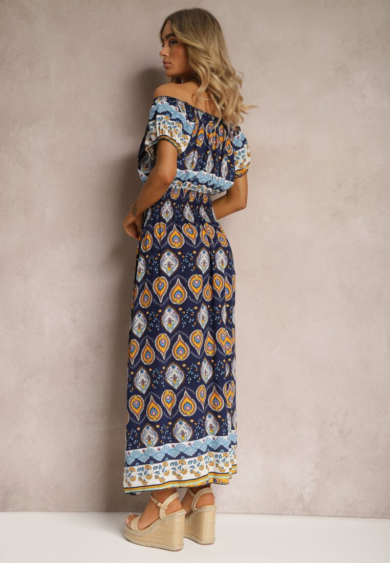 Granatowa Sukienka na Lato z Bawełny z Modelującą Gumką w Talii Deorna
