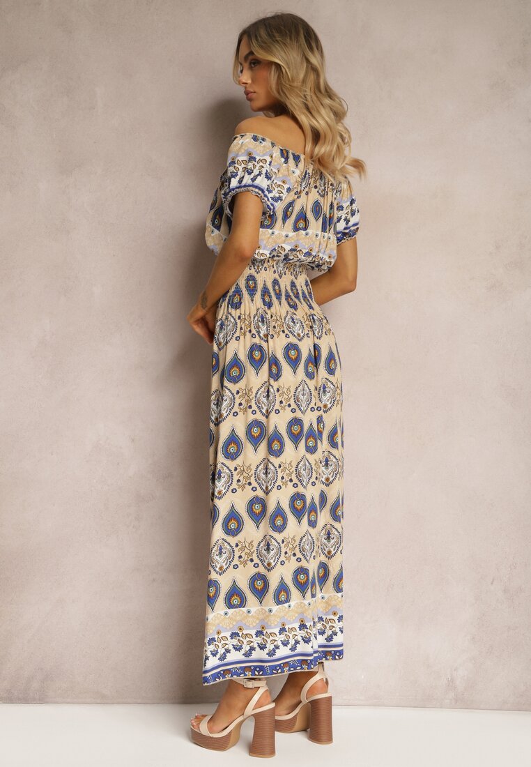 Beżowo-Niebieska Sukienka na Lato z Bawełny z Modelującą Gumką w Talii Deorna